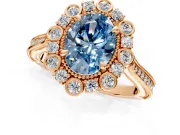 Milgrain Halo Engagement Ring Setting for Fancy Blue Oval Center with Bezel Point Accents and Prong Head in Rose Gold