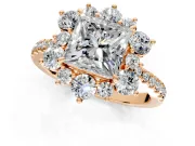 Floral Halo Engagement Ring Setting for Princess Cut Center with Pave Accents and Prong Head in Rose Gold