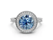 Halo Engagement Ring Setting for Fancy Blue Round Cut Center with Milgrain Frame, Pave Band and Prong Head in White Gold