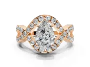 Halo Engagement Ring Setting for Pear-Shaped Center with Pave Infinity Twist Band and Prong Head in Rose Gold