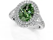 Double Halo Engagement Ring Setting for Fancy Green Oval Center with Narrow Pave Split Shank and Prong Head in Platinum