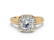 Halo Engagement Ring Setting for Cushion Cut Center with Knife Ridge Cathedral Band and Prong Head in Yellow Gold