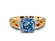 Leaf Engagement Ring Setting for Fancy Blue Cushion Cut Center with Milgrain Accent Band and Prong Head in Yellow Gold