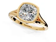 Solitaire Engagement Ring Setting for Cushion Cut Center with V Split Shank and Bezel Head in Yellow Gold