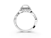 Halo Engagement Ring Setting for Radiant Cut Center with Leaf Motif Split Shank and Prong Head in Sterling Silver