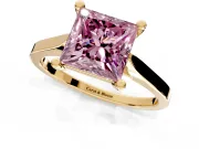 Solitaire Engagement Ring Setting for Fancy Pink Princess Cut Center with Tapered Shoulders and Prong Head in Yellow Gold