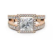 Halo Engagement Ring Setting for Princess Cut Center with Wide-Open Pave Split Shank and Prong Head in Rose Gold