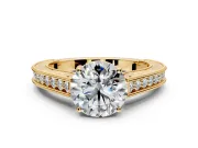 Solitaire Engagement Ring Setting for Round Cut Center with Engraved Pave Band and Prong Head in Yellow Gold