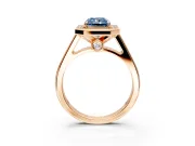 Halo Engagement Ring Setting for Fancy Blue Radiant Cut Center with Outer Bezel Rim, Pave Band and Prong Head in Rose Gold