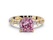 Solitaire Engagement Ring Setting for Fancy Pink Cushion Cut Center with Trailing Leaf Accent Band and Prong Head in Yellow Gold