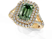 Double Halo Engagement Ring Setting for Fancy Green Emerald Cut Center with Narrow Pave Split Shank and Prong Head in Yellow Gold