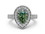 Milgrain Halo Engagement Ring Setting for Fancy Green Pear-Shaped Center with Pave Band and Prong Head in Platinum