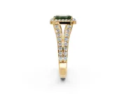 Halo Engagement Ring Setting for Fancy Green Emerald Cut Center with Narrow Pave Split Shank and Prong Head in Yellow Gold