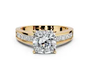 Solitaire Engagement Ring Setting for Cushion Cut Center with Princess Cut Channel Band and Prong Head in Yellow Gold