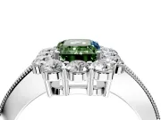 Halo Engagement Ring Setting for Fancy Green Emerald Cut Center with Milgrain Channel Band and Prong Head in White Gold