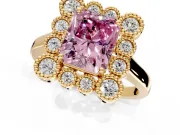 Cluster Halo Engagement Ring Setting for Fancy Pink Radiant Cut Center with Milgrain Bezel Accents and Prong Head in Yellow Gold