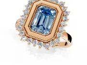 Halo Engagement Ring Setting for Fancy Blue Emerald Cut Center with Milgrain Bezel Rim, Plain Band and Prong Head in Rose Gold