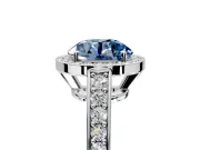Bezel-Framed Halo Engagement Ring Setting for Fancy Blue Round Cut Center with Pave Band and Prong Head in Platinum
