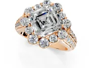 Large Accent Halo Engagement Ring Setting for Asscher Cut Center with Pave Split Shank and Prong Head in Rose Gold