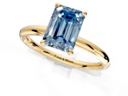 Hidden Halo Engagement Ring Setting for Fancy Blue Emerald Cut Center with Thin Rounded Band and Prong Head in Yellow Gold