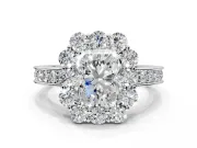 Halo Engagement Ring Setting for Radiant Cut Center with Milgrain Channel Band and Prong Head in Platinum