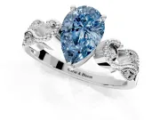 Leaf Engagement Ring Setting for Fancy Blue Pear-Shaped Center with Milgrain Accent Band and Prong Head in White Gold