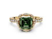 Floral Halo Engagement Ring Setting for Fancy Green Asscher Cut Center with Pave Band and Prong Head in Yellow Gold