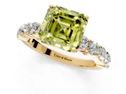 Shared-Prong Engagement Ring Setting for Fancy Yellow Asscher Cut Center with Graduated Accents and Prong Head in Yellow Gold