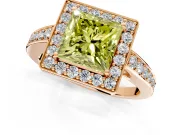 Bezel-Framed Halo Engagement Ring Setting for Fancy Yellow Princess Cut Center with Pave Band and Prong Head in Rose Gold