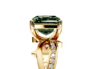 Solitaire Engagement Ring Setting for Fancy Green Asscher Cut Center with Pave and Plain Crossover Band and Prong Head in Yellow Gold