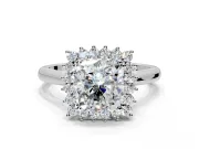 Starburst Halo Engagement Ring Setting for Cushion Cut Center with Thin Round-Wire Band and Prong Head in Platinum