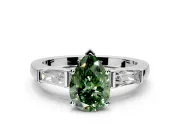 3 Stone Engagement Ring Setting for Fancy Green Pear-Shaped Center with Tapered Baguettes, Plain Band and Prong Head in Platinum