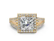 Halo Engagement Ring Setting for Princess Cut Center with Pave Split Shank and Prong Head in Yellow Gold