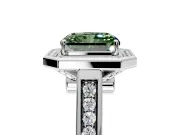 Halo Engagement Ring Setting for Fancy Green Emerald Cut Center with Outer Bezel Rim, Pave Band and Prong Head in Platinum