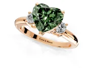 3 Stone Engagement Ring Setting for Fancy Green Heart-Shaped Center with Wide Plain Band and Prong Head in Rose Gold
