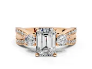 3 Stone Engagement Ring Setting for Emerald Cut Center with Pave Twist Band and Prong Head in Rose Gold