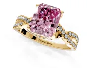 Solitaire Engagement Ring Setting for Fancy Pink Radiant Cut Center with Narrow Twist Pave Band and Prong Head in Yellow Gold