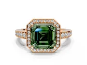 Bezel-Framed Halo Engagement Ring Setting for Fancy Green Asscher Cut Center with Pave Band and Prong Head in Rose Gold