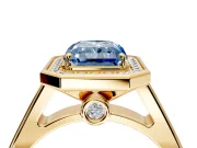 Halo Engagement Ring Setting for Fancy Blue Radiant Cut Center with Outer Bezel Rim, Pave Band and Prong Head in Yellow Gold