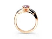 3 Stone Engagement Ring Setting for Fancy Pink Pear-Shaped Center with Tapered Baguettes, Plain Band and Prong Head in Rose Gold