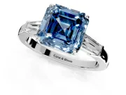 3 Stone Engagement Ring Setting for Fancy Blue Asscher Cut Center with Baguette Accents and Prong Head in Platinum