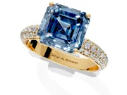 Solitaire Engagement Ring Setting for Fancy Blue Asscher Cut Center with Domed Multi-Row Pave Band and Prong Head in Yellow Gold