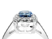 Floral Halo Engagement Ring Setting for Fancy Blue Emerald Cut Center with Large Halo Accents and Prong Head in Platinum