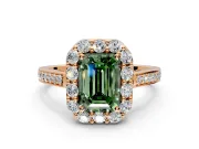 Floral Halo Engagement Ring Setting for Fancy Green Emerald Cut Center with Large Halo Accents and Prong Head in Rose Gold