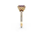 Halo Engagement Ring Setting for Fancy Pink Emerald Cut Center with Openwork Halo, Pave Band and Prong Head in Yellow Gold