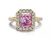 Pave Halo Engagement Ring Setting for Fancy Pink Radiant Cut Center with Single Row Pave Band and Prong Head in Yellow Gold