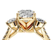 3 Stone Engagement Ring Setting for Cushion Cut Center with Crossover Basket, Pave Band and Prong Head in Yellow Gold