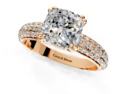 Solitaire Engagement Ring Setting for Cushion Cut Center with Multi-Row Pave Accents and Basket Head in Rose Gold
