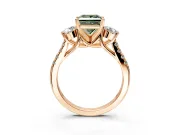 3 Stone Engagement Ring Setting for Fancy Green Princess Cut Center with Crossover Basket, Pave Band and Prong Head in Rose Gold