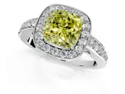 Bezel-Framed Halo Engagement Ring Setting for Fancy Yellow Cushion Cut Center with Pave Band and Prong Head in White Gold